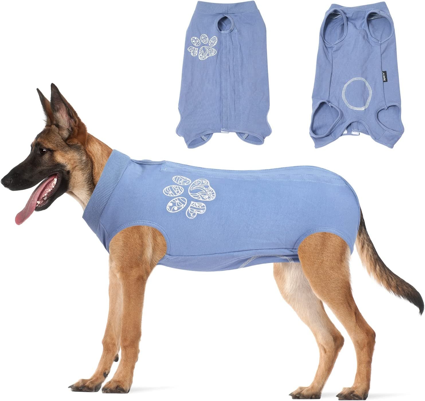 Dog Recovery Suit Adjustable, Dog Bodysuit for Abdominal Wound after Surgery, Substitute E-Collar, 2XL Size, Anti-Licking Surgical Dog Onesies, Blue & Paw.