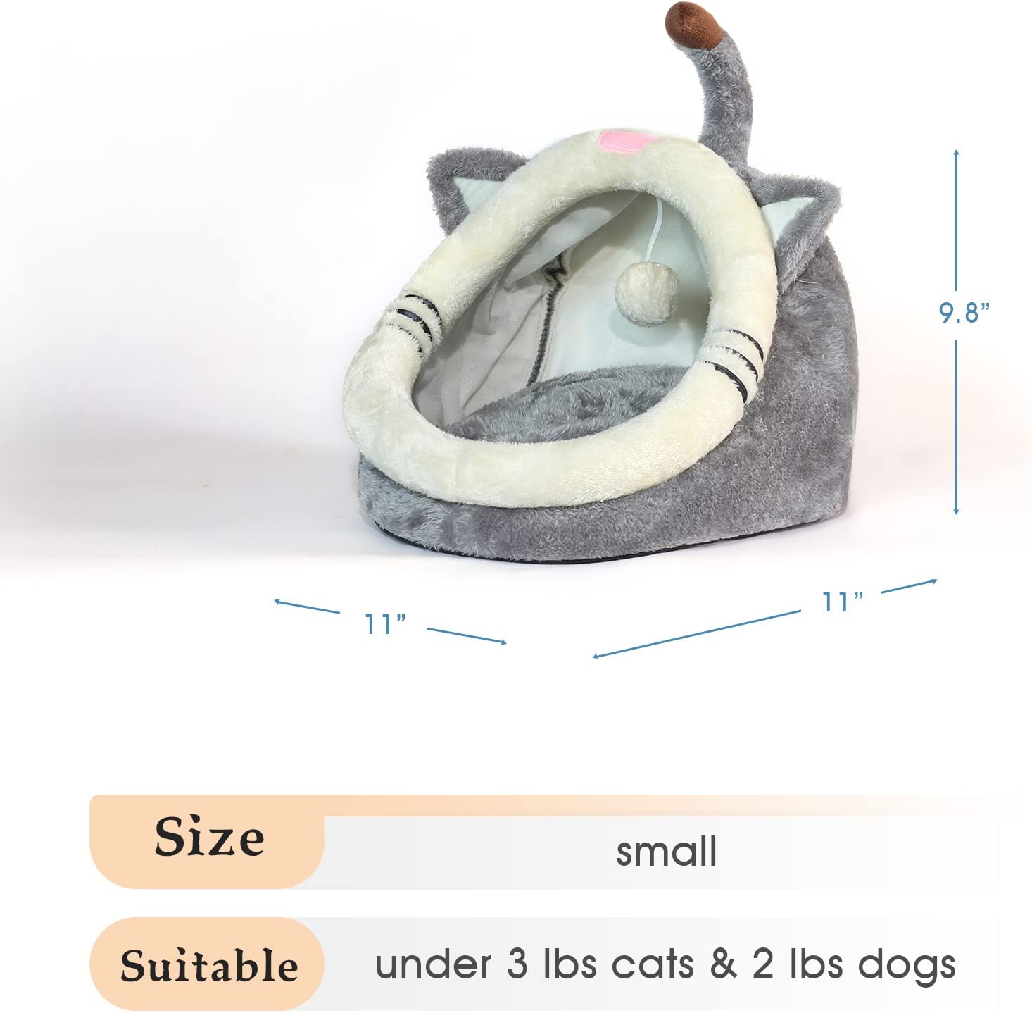 Cute Cat Bed, Indoor Lovely Crystal Velvet Igloo for Cat, Warm Cave Sleeping Nest Bed for Puppy and Kitten, Grey Cat, S.