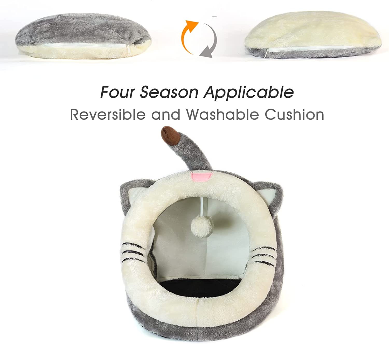 Cute Cat Bed, Indoor Lovely Crystal Velvet Igloo for Cat, Warm Cave Sleeping Nest Bed for Puppy and Kitten, Grey Cat, S.