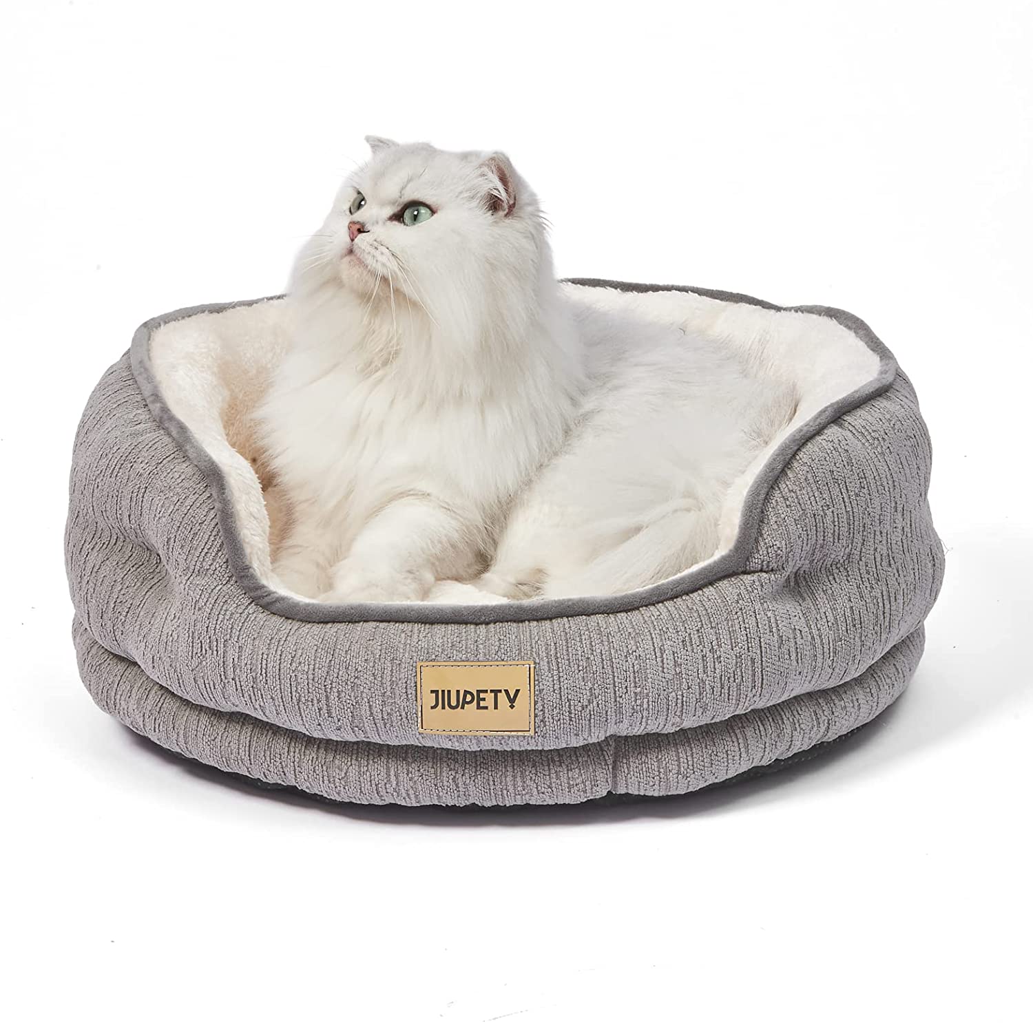 round Cat Bed for Indoor Cats, Cozy Small Dog Bed Made of Luxury Fabrics, Cozy and Soft, Suitable for Kitten and Puppy, M (20"×19"×6"), Gray Black