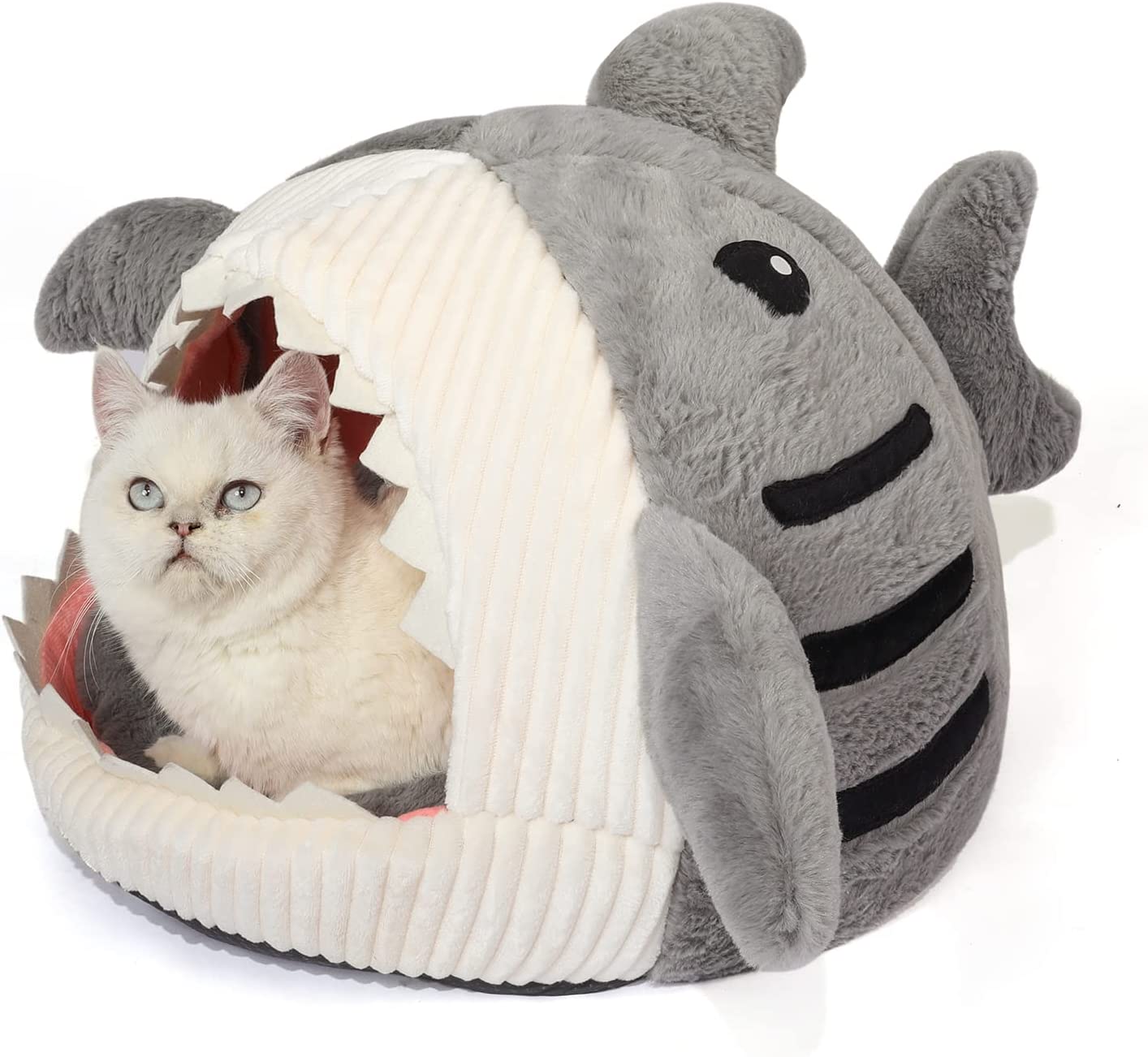 Cute Soft Cat Bed, Indoor Shark-Shaped Warm Cat Cave with Removable Washable Pillow for Cat, Gray, M.