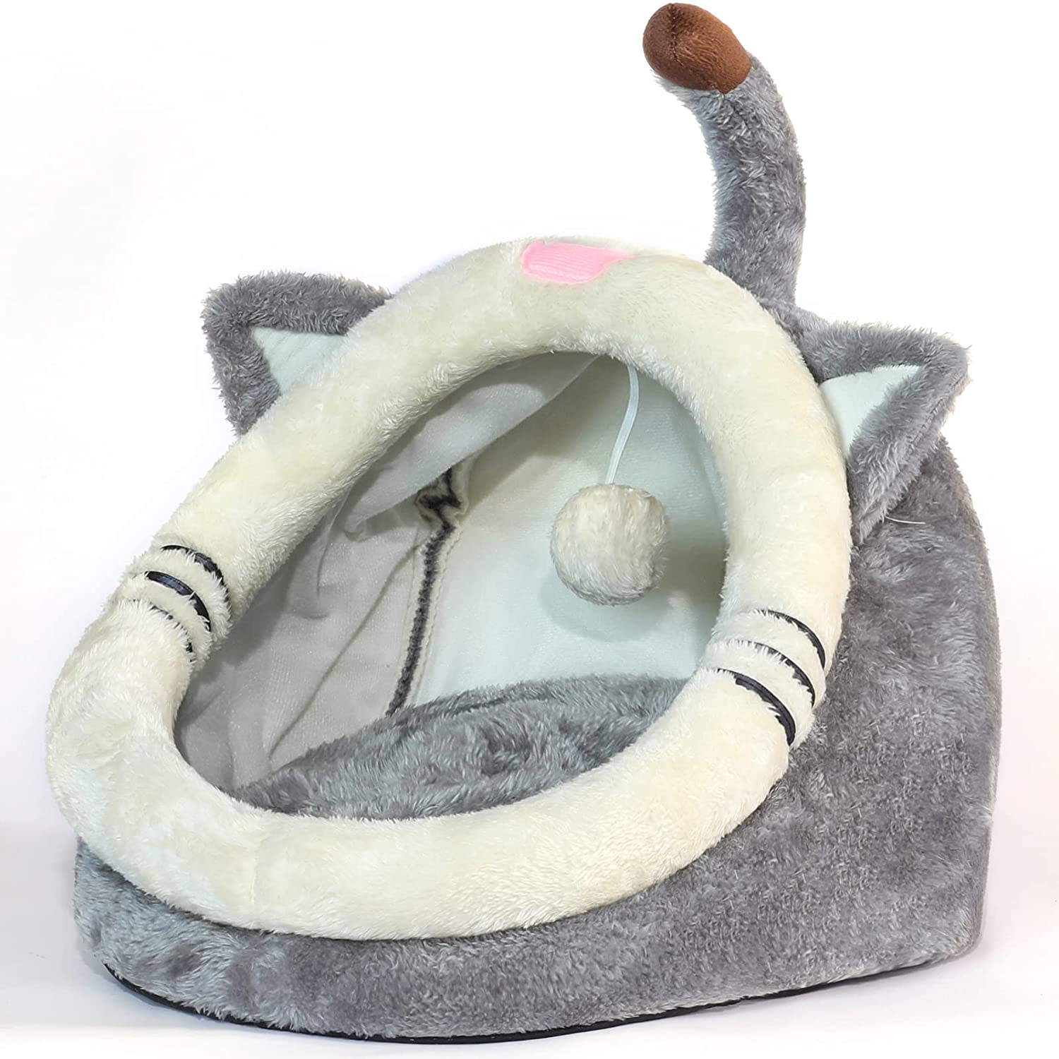 Cute Cat Bed, Indoor Lovely Crystal Velvet Igloo for Cat, Warm Cave Sleeping Nest Bed for Puppy and Kitten, Grey Cat, S.