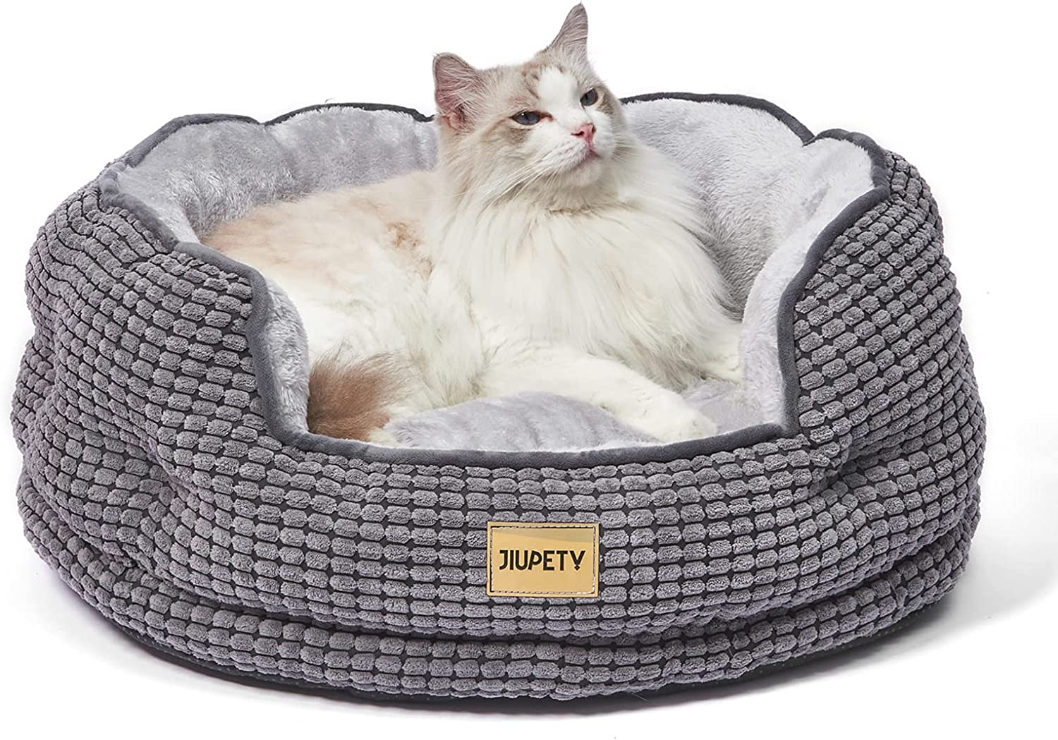 round Cat Bed for Indoor Cats, Cozy Small Dog Bed Made of Luxury Fabrics, Cozy and Soft, Suitable for Kitten and Puppy, M (20"×19"×6"), Gray Black