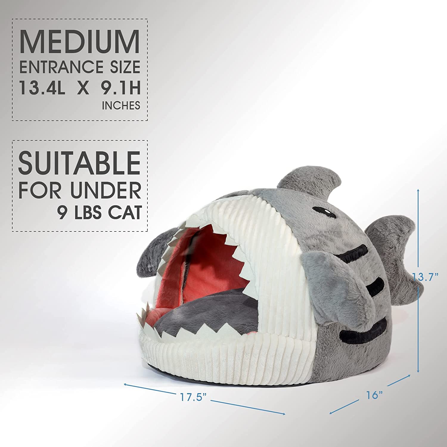 Cute Soft Cat Bed, Indoor Shark-Shaped Warm Cat Cave with Removable Washable Pillow for Cat, Gray, M.