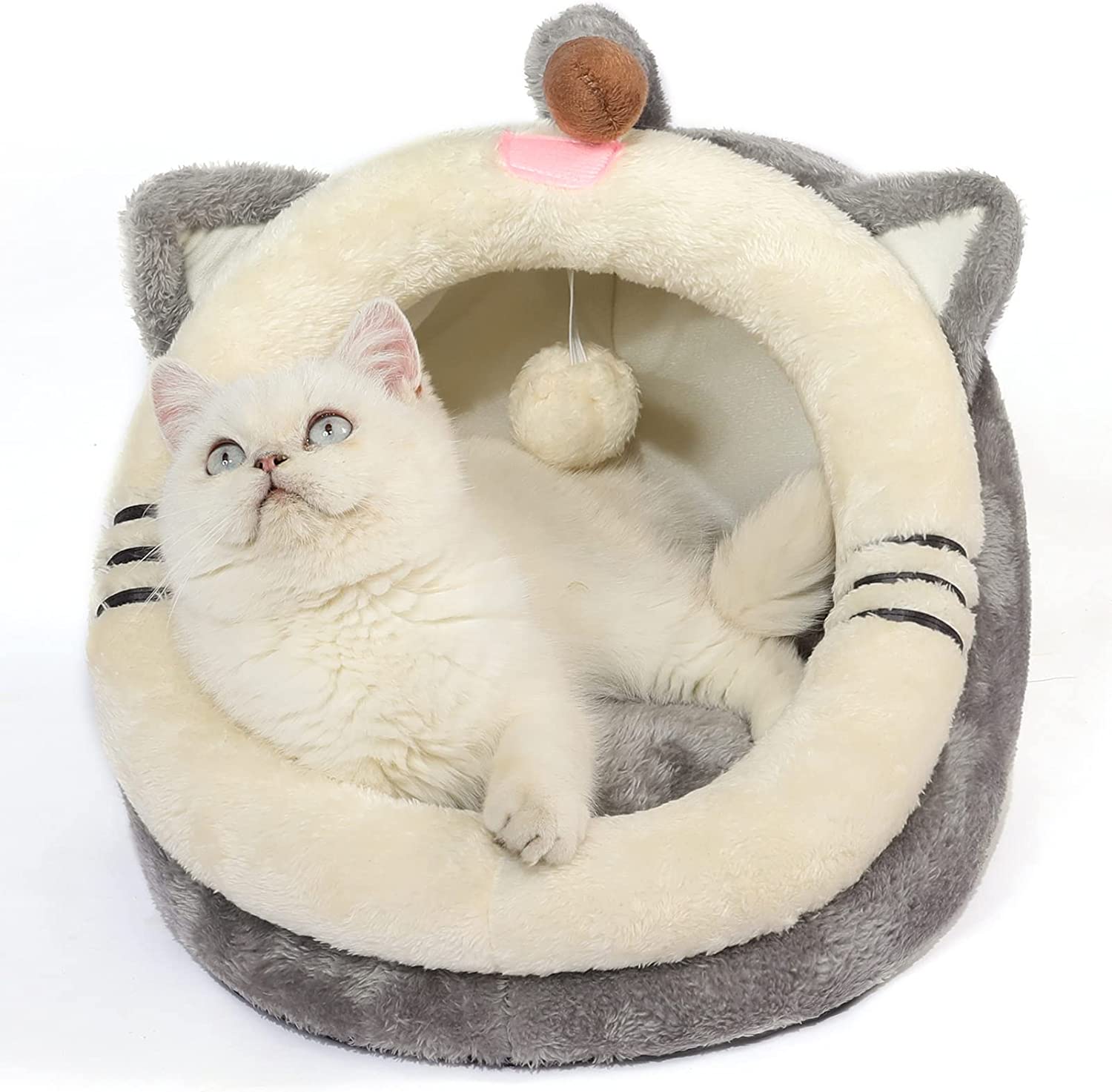 Cute Cat Bed, Indoor Lovely Crystal Velvet Igloo for Cat, Warm Cave Sleeping Nest Bed for Puppy and Kitten, Grey Cat, S.