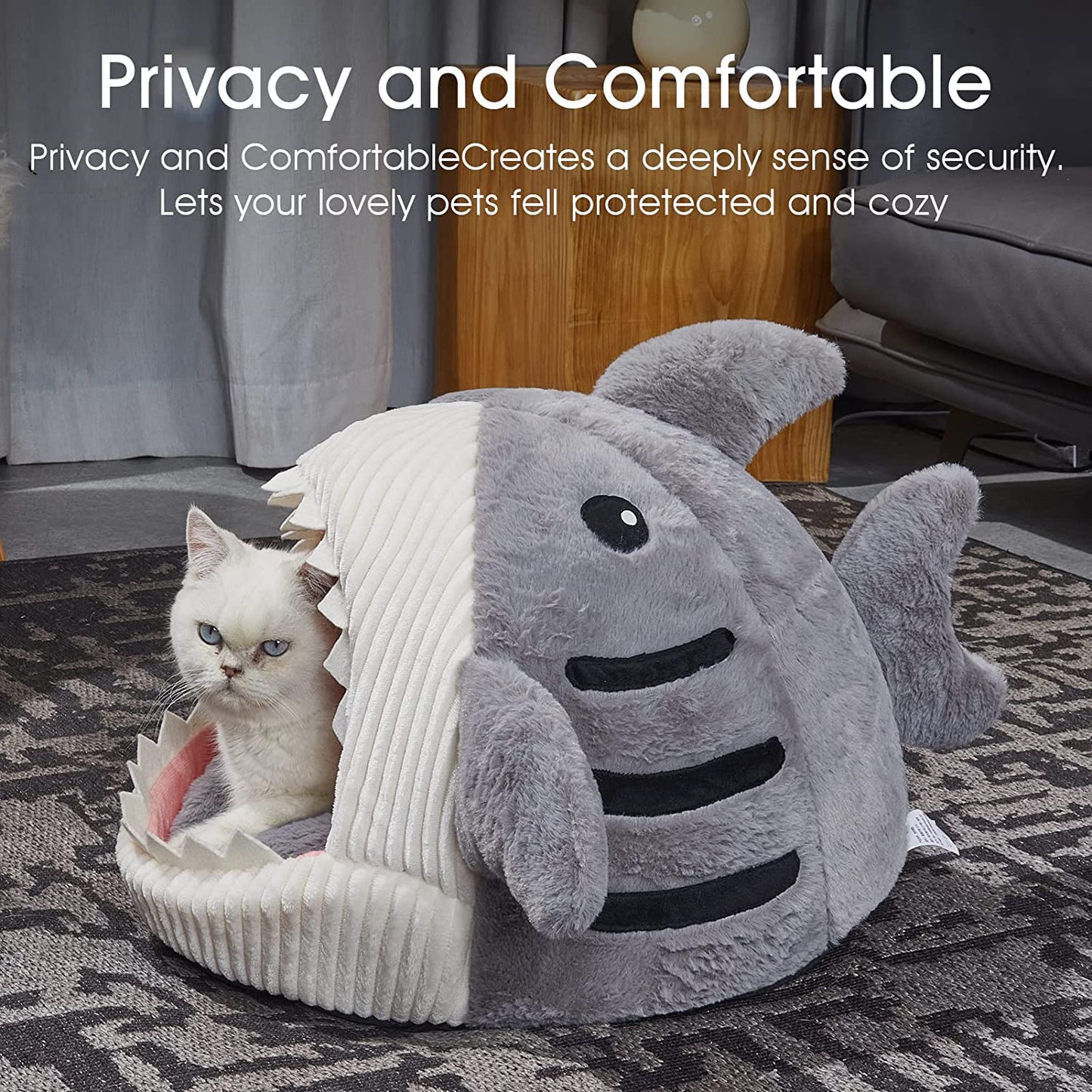 Cute Soft Cat Bed, Indoor Shark-Shaped Warm Cat Cave with Removable Washable Pillow for Cat, Gray, M.