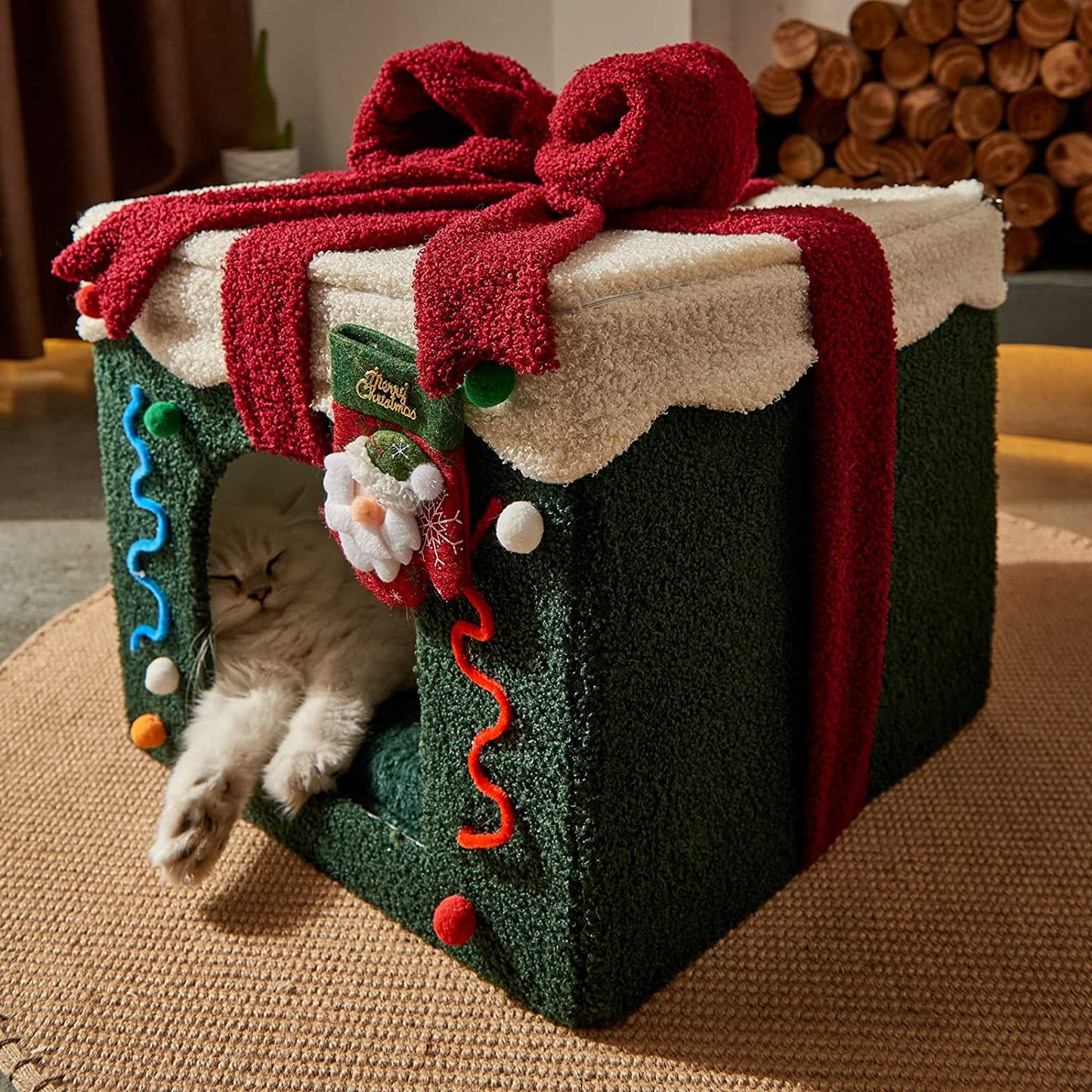 Christmas Cat House, Indoor Cat Bed, M(13.8"X13.8"X12.6") Size Cube for Kitten and Small Cat, Removeable Cat Cave with Non-Slip Bottom, for Cat.