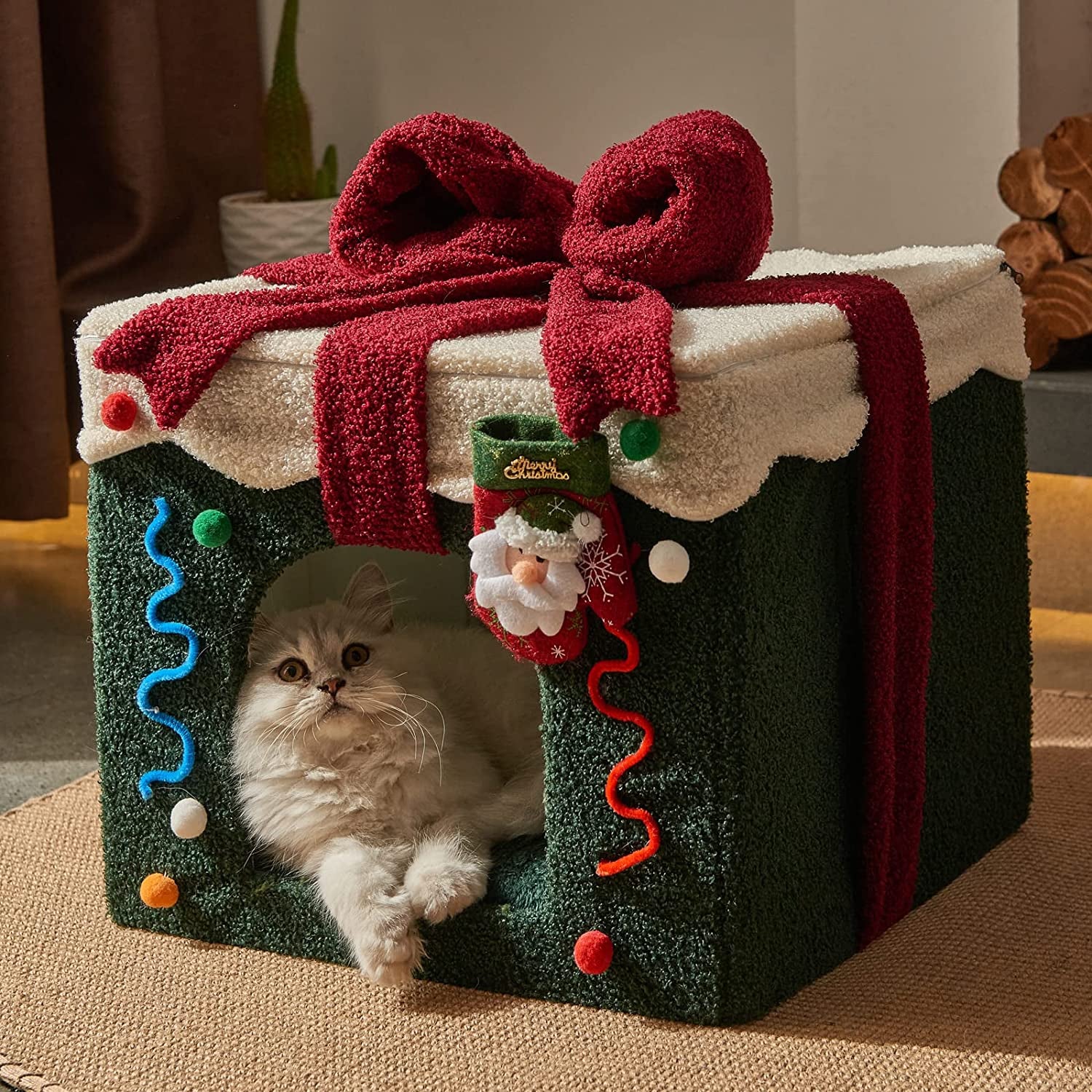 Christmas Cat House, Indoor Cat Bed, M(13.8"X13.8"X12.6") Size Cube for Kitten and Small Cat, Removeable Cat Cave with Non-Slip Bottom, for Cat.